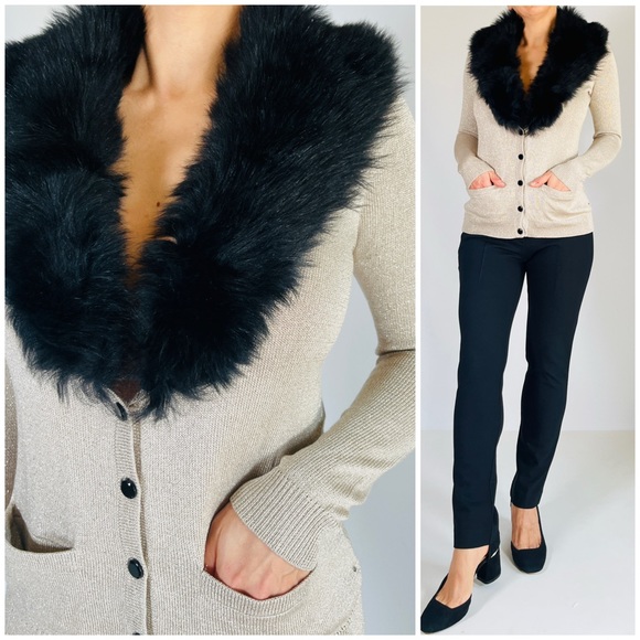 Ralph Lauren Black Label Sweaters - RALPH LAUREN BLACK LABLE LUREX FUR COLLAR CARDIGAN SWETER TOP